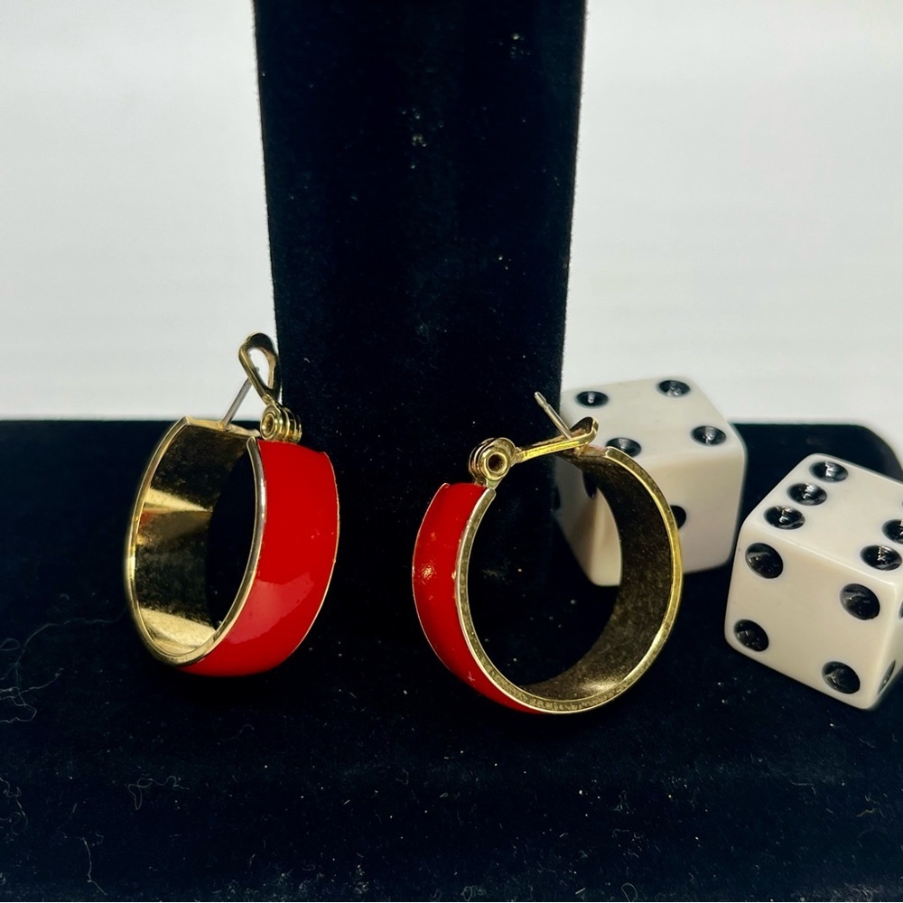 Signed Monet Earrings Red & Gold Enamel HoopsClassic 80s/90s Style - Picture 3 of 6